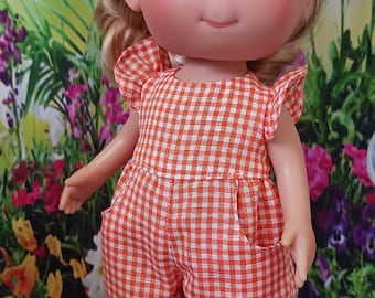 Orange and White Gingham Romper for Mia Pippa 12 Inch Doll Nines d&#39;Onil with Flutter Sleeves and Functional Pockets