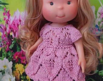Hand Knit Pink Lace Dress for Mia Pippa 12 Inch Doll Nines d&#39;Onil Short Sleeve Acrylic Yarn Outfit with Back Button Closure