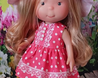 Sleeveless Dress and Tulip Hat for Mia Pippa 12 Inch Doll Nines d&#39;Onil Cotton Outfit with Lace and Pearl Details Handmade Set
