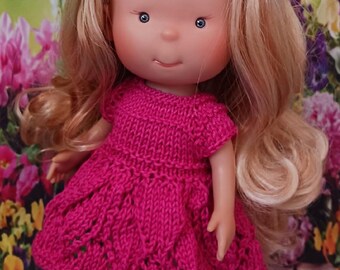 Fuchsia crochet doll dress with lace skirt for Mia & Pippa Nines d'Onil dolls 12" / 30 cm – handmade cotton yarn outfit with shoes option