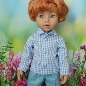 Blue Gingham Check Shirt for 14.5" Boy Doll Fits Gotz Little Kidz WellieWishers | Handmade Long Sleeve Top with Metal Snaps | 36cm Clothes