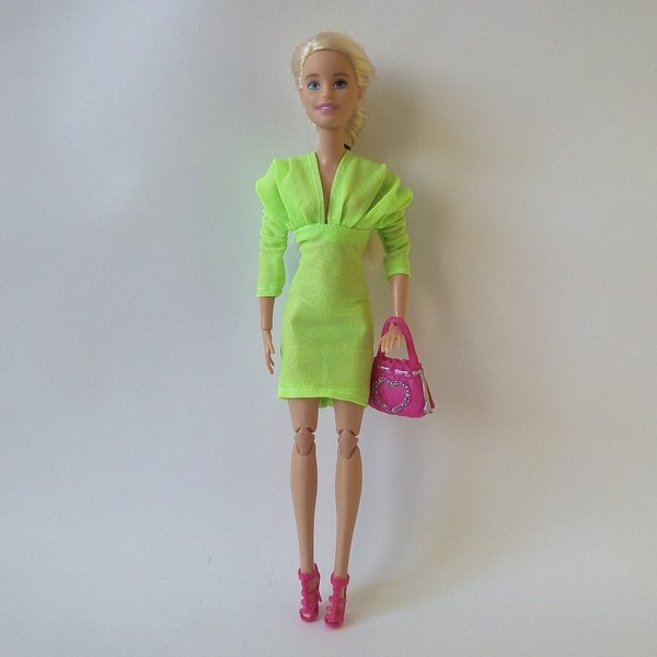 electric green dress with sleeves and plunging neckline фор 12''/1:6/МТМ doll