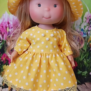 Yellow Polka Dot Dress and Sun Hat for Mia Pippa 12 Inch Doll Nines d&#39;Onil Cotton Outfit with Lace and Pearl Details