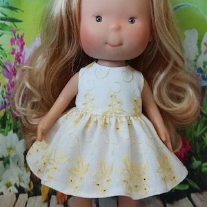 White cotton sleeveless dress with yellow floral embroidery for Mia & Pippa dolls 12&quot; / 30 cm