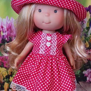 Red Polka Dot Dress and Hat for Mia Pippa 12 Inch Doll Nines d'Onil with Butterfly Sleeves Lace Trim and Decorative Buttons