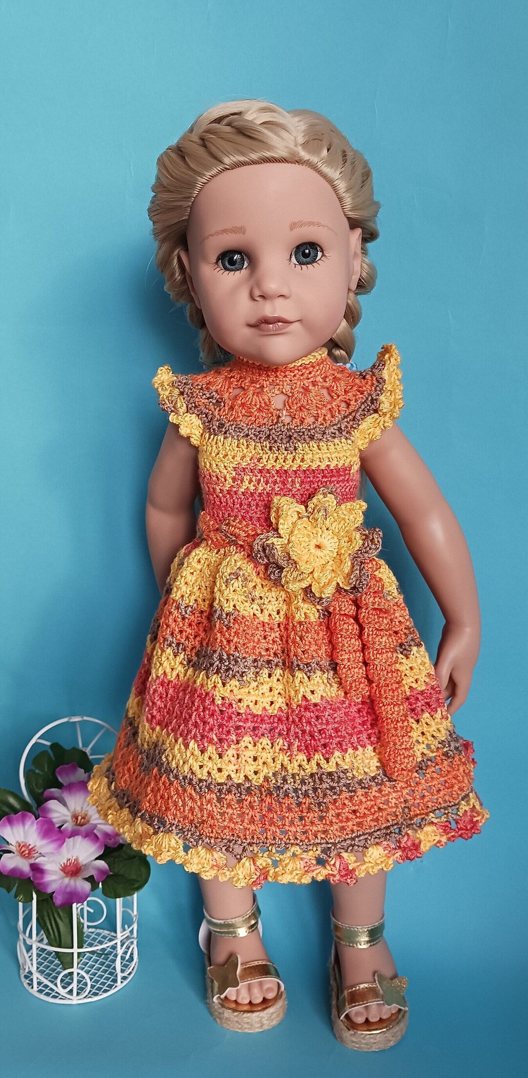 Robe Pour Poupée Ancienne 30 Cm - Crochet - Fait Main - Vintage