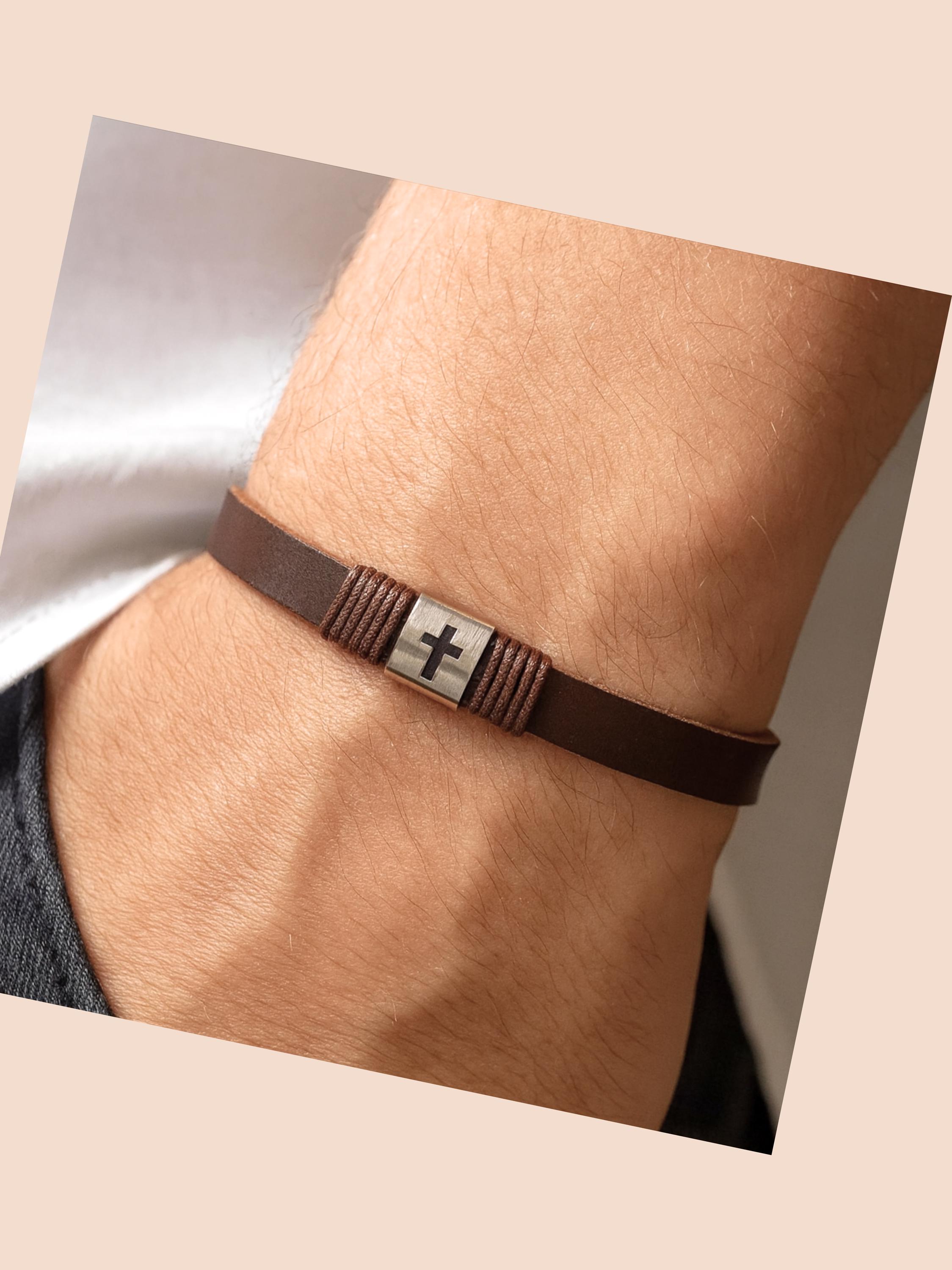 Custom Engraved Cross Leather Bracelet, Personalized Christian