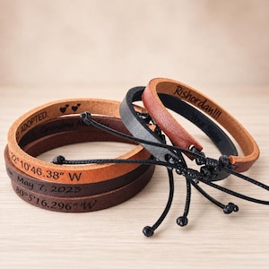 Adjustable Thin Leather Bracelet: Unisex Custom Engraved Wristband, Persoanlized Gift for Him and Her