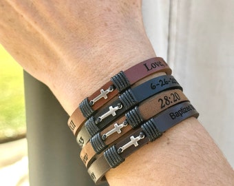 Pulsera de cuero con cruz ajustable, regalo religioso, cruz grabada, confirmación, bautismo, unisex