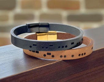 Morse Code Engraved Leather Bracelet For Men, Hidden Custom Message Cuff, Minimalist Personalized Wristband