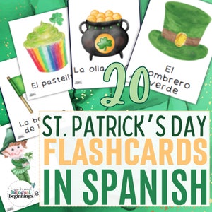 May include: A set of 20 St. Patrick's Day flashcards in Spanish. The flashcards feature illustrations of various St. Patrick's Day themed items, such as a pot of gold, a leprechaun, a shamrock, and a green hat. The text on the flashcards is in Spanish.
