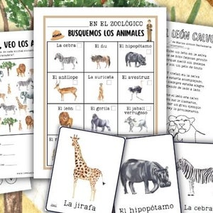 Feuilles d'exercices et cartes mémoire imprimables sur les animaux de zoo en espagnol