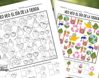 I Spy Earth Day Worksheets in Spanish for Kids