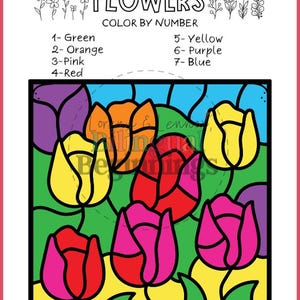 May include: A color-by-number printable featuring a floral design. The image includes the word "FLOWERS" and a color key with numbers and corresponding colors: green, orange, pink, red, yellow, purple, and blue. The image is a coloring page.