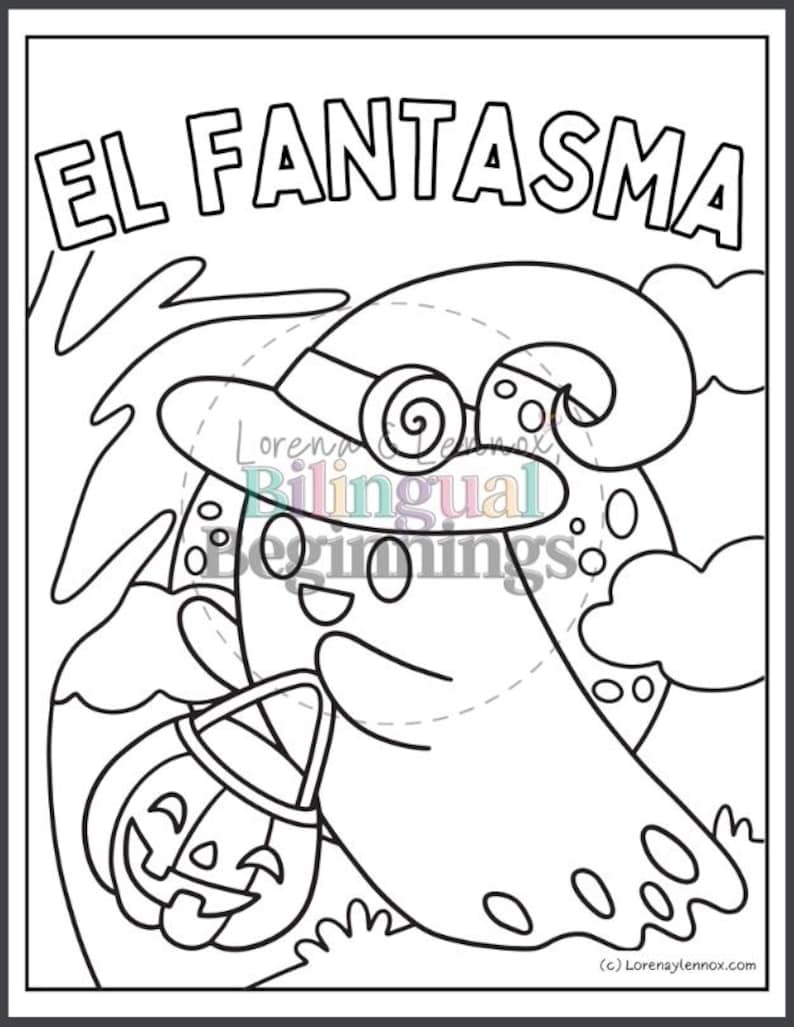 May include: A black and white colouring page featuring a ghost wearing a witch's hat and carrying a jack-o'-lantern. The ghost is smiling and has a friendly expression. The text "EL FANTASMA" is written at the top of the page.