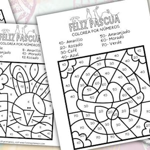 Puede incluir: Una página para colorear en blanco y negro con un conejo que sostiene una cesta de huevos. La página se titula "Feliz Pascua" e incluye instrucciones para colorear por números. Los números corresponden a diferentes colores, como 10 para amarillo, 20 para rosa, 30 para marrón, 40 para azul, 50 para naranja, 60 para morado y 70 para verde.