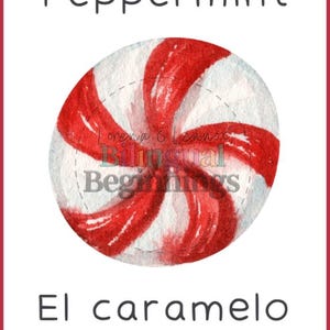May include: A red and white peppermint candy with the text "El caramelo de menta" in black.