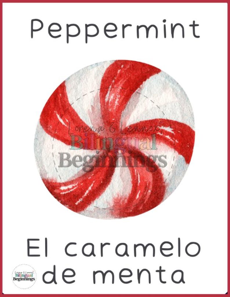 May include: A red and white peppermint candy with the text "El caramelo de menta" in black.