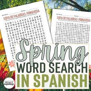 Könnte beinhalten: Ein grünes und weißes Suchrätsel mit dem Wort "Frühling" in großen Buchstaben und dem Text "Wortsuche auf Spanisch" darunter. Das Rätsel zeigt ein Gitter aus Buchstaben mit Wörtern, die sich auf den Frühling in Spanisch beziehen.