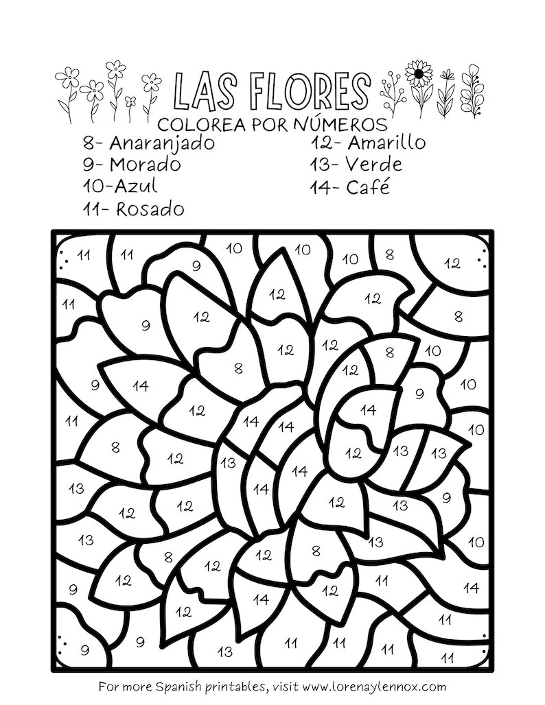 Flower Color by Number Coloring Pages in SPANISH Etsy