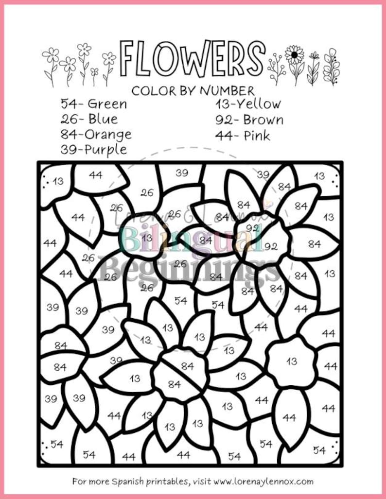 May include: A printable color-by-number activity sheet featuring a floral design. The sheet includes the word "FLOWERS" at the top, color keys, and numbered sections for coloring. The image has a pink border and the website address www.lorenaylennox.com.