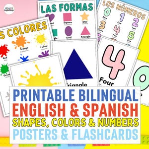 Zweisprachiges Vorschul-Druckset | Zahlen, Farben und Formen Poster und Karteikarten | Englisch & Spanisch | Digitaler Download