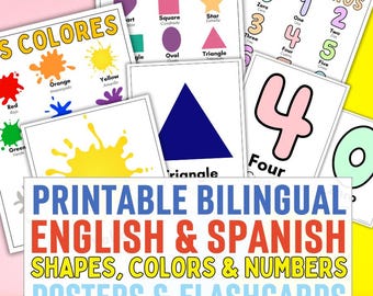 Zweisprachiges Vorschul-Druckset | Zahlen, Farben und Formen Poster und Karteikarten | Englisch & Spanisch | Digitaler Download
