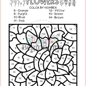May include: A black and white "Flowers Color by Number" printable activity sheet. The sheet includes a flower design with numbered sections and a color key with options like orange, purple, blue, pink, yellow, green, and brown. The website address is also included.