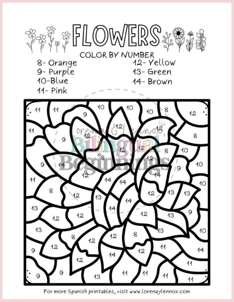 May include: A black and white "Flowers Color by Number" printable activity sheet. The sheet includes a flower design with numbered sections and a color key with options like orange, purple, blue, pink, yellow, green, and brown. The website address is also included.