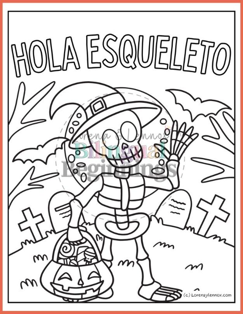 May include: A black and white colouring page featuring a skeleton wearing a witch's hat and holding a pumpkin bucket. The skeleton is standing in a graveyard with tombstones and crosses. The text "HOLA ESQUELETO" is at the top of the page.