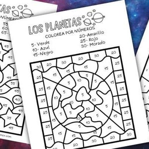 Space and Planet Color By Number Pages in Spanish