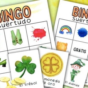 May include: A colorful bingo card with images of a rainbow, a pot of gold, a shamrock, a leprechaun, a green vest, a cupcake, a gold coin, a green splash of paint, a blue splash of paint, a harp, an Irish flag, and a horseshoe. The card is titled "Bingo Suertudo" which means "Lucky Bingo" in Spanish.