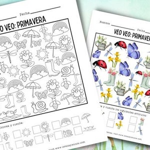 Peut inclure: Deux feuilles de travail imprimables en noir et blanc sur le thème du printemps. La première feuille de travail propose un jeu de « Je vois, je vois » avec des images d'un escargot, d'un papillon, d'une libellule, du soleil, d'un arc-en-ciel, d'un parapluie, de bottes et d'abeilles. La deuxième feuille de travail propose un jeu de « Je vois, je vois » avec des images d'une coccinelle, d'un papillon, d'une libellule, d'un arrosoir, de fleurs et de bottes. Les deux feuilles de travail ont une section pour colorier et compter les images.
