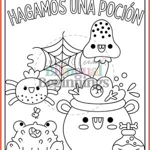May include: A black and white colouring page featuring a cauldron, a spider, a frog, a mushroom, and a potion bottle. The text "Hagamos una poci&oacute;n" is at the top of the page.