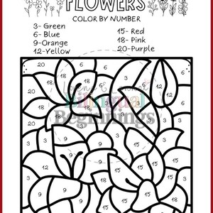 May include: A black and white floral color-by-number printable with the word "FLOWERS" at the top. The color key includes green, blue, orange, yellow, red, pink, and purple. The bottom of the page has the text "For more Spanish printables, visit www.lorenaylennox.com."