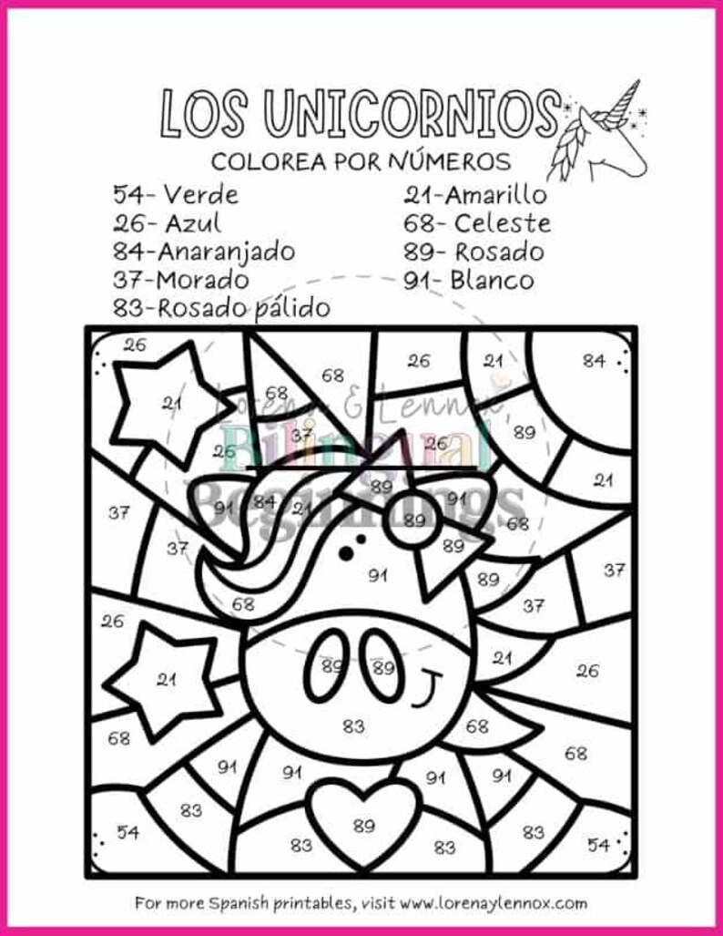 Color by Number Unicorn Coloring Pages in Spanish Etsy