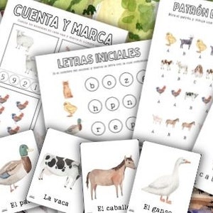 Libro de ejercicios imprimible sobre animales de granja en español para niños en edad preescolar