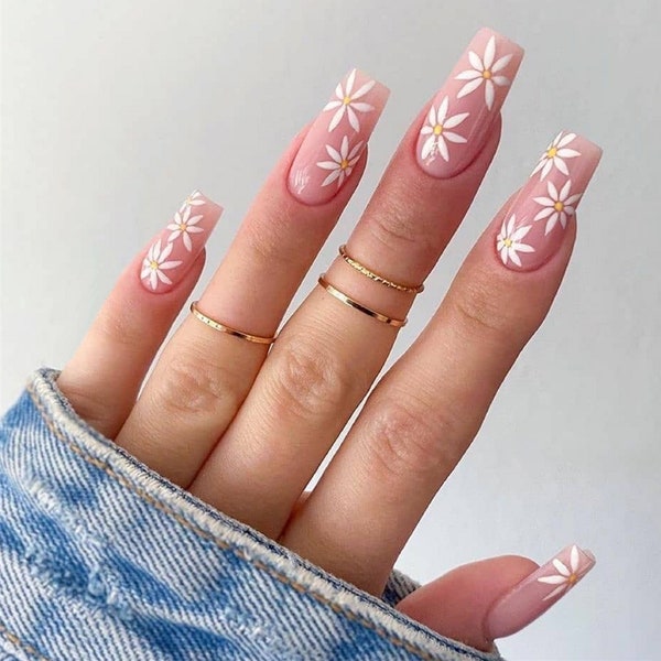 24pcs Spring WHITE FLOWERS Artificial Finger Nail Set ~ Fake False Press On Long Fingernail Manicure Glue Kit & FREE Shipping! (54)