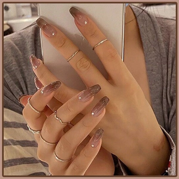 24pcs Coffee Mocha Brown French Manicure Artificial Finger Nail Set ~ Fake False Press On Long Fingernail Glue Kit & FREE Shipping! (LK1522)