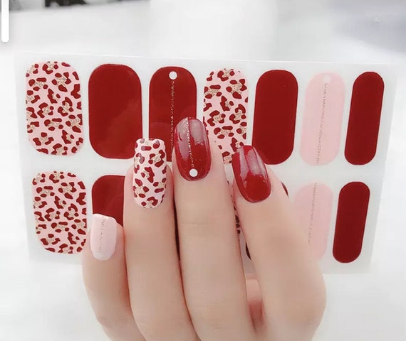 14pcs CHEETAH Cranberry Red Pink Gold Glitter Finger Nail Wraps