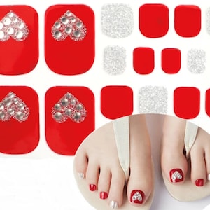 22pcs VALENTINE Red Silver GLITTER Hearts Toe Nail Wraps ~ Toenail Self-Adhesive Express Manicure Nail Polish Stickers  (JJ081