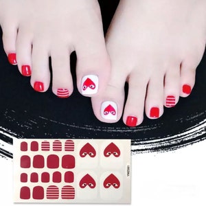 22pcs VALENTINES Day Red Hearts Eyes Stripes Toe Nail Wraps ~ Toenail Self-Adhesive Express Manicure Nail Stickers   (YMZ081)