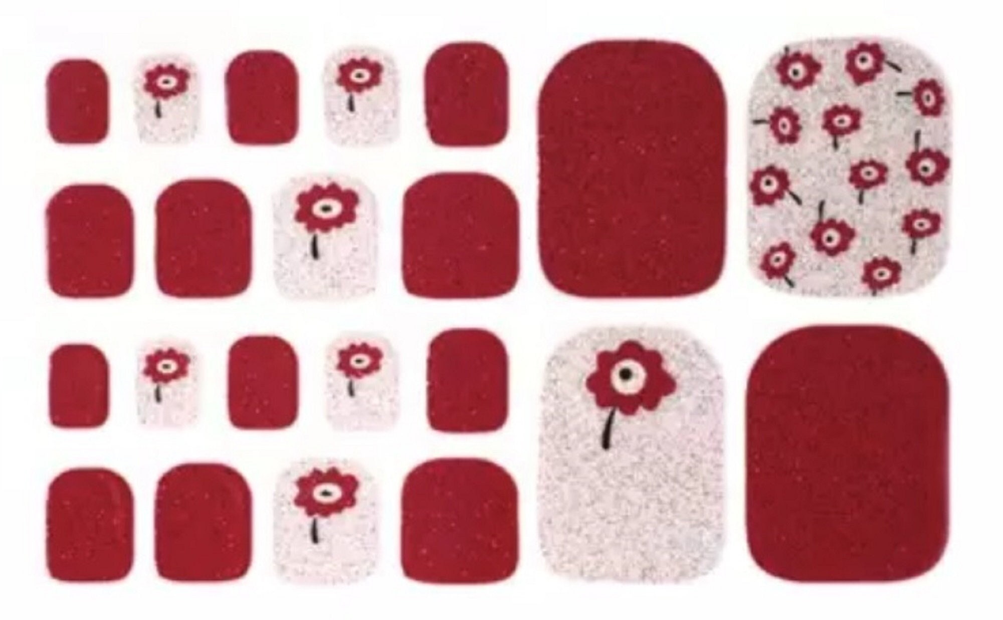 ＿nail〻〻 22pcs METALLIC Red Silver Flower Glitter Toe Nail Wraps
