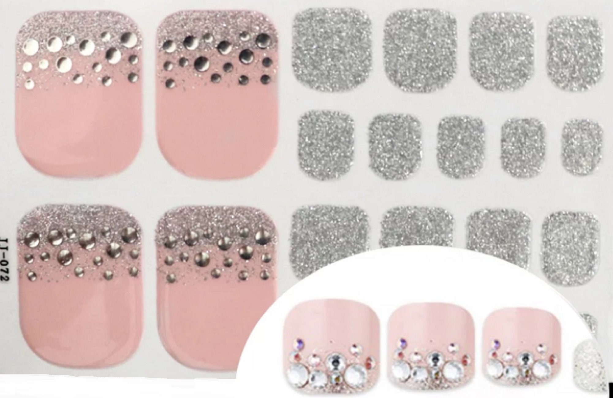 22pcs Nude Pink & Silver GLITTER Toe Nail Wraps ~ Toenail