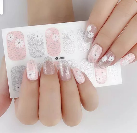 14pcs SPRING Silver GLITTER & Pink Flowers Finger Nail Wraps