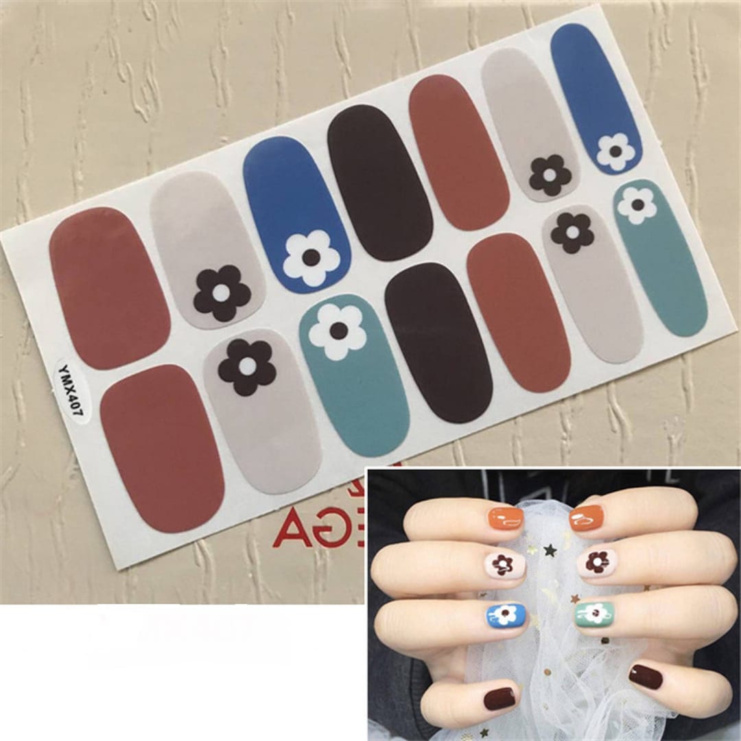 14pcs Navy Blue Tan Rust Mauve Flower Finger Nail Wraps ~ Self