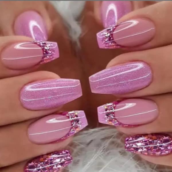 24pcs Pink Purple Sparkle French Manicure Artificial Finger Nail Set ~ Fake False Long Fingernail Manicure Glue Kit & FREE Shipping! (87)