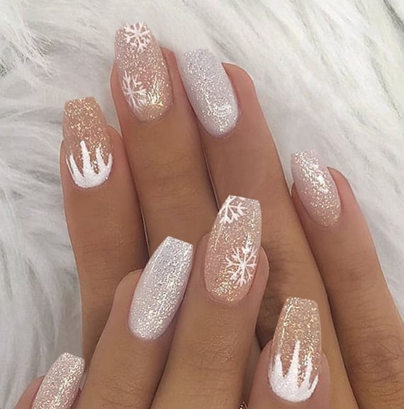 24pcs White Glitter SNOWFLAKE French Manicure Artificial Finger Nail Set Fake False Press On Long Fingernail Glue Kit FREE Shipping 46