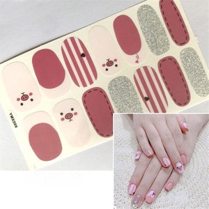 14pcs Pink Silver Glitter PIG Finger Nail Wraps ~ Self-Adhesive Express Manicure Nail Stickers   (YMX509)