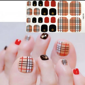 22pcs Brown Tan PLAID Red White Toe Nail Wraps ~ Toenail Self-Adhesive Express Manicure Nail Stickers  (YMZ178)